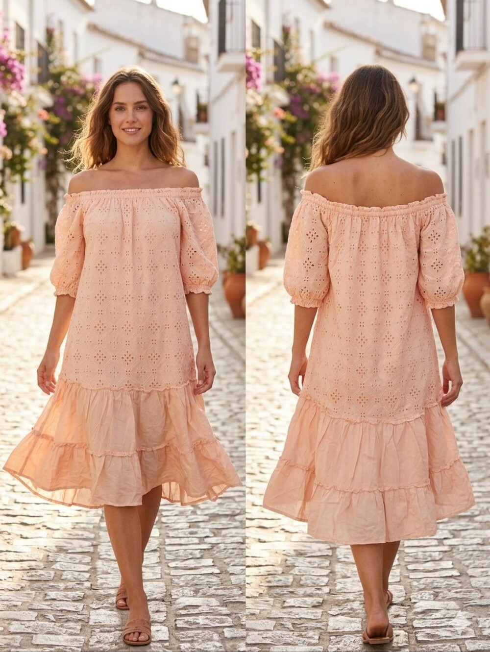 The GUESS Off Shoulder Eyelet Peach Ruffle Short Dress in size M